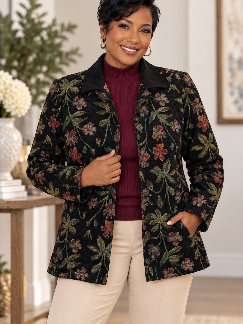 Susan Graver Jacket Size S Black With A Floral Tapestry Earth Tones